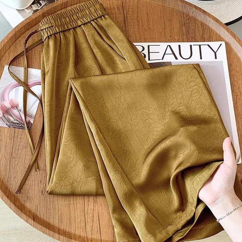 Women's Summer Black Textured Elastic Waist Drawstring Wide Leg Pants