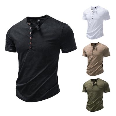 Men's Vintage Slub Cotton Henley T-Shirt - 5-Button Placket Stand Collar Curved Hem Casual Daily Tops In Multiple Solid Colors