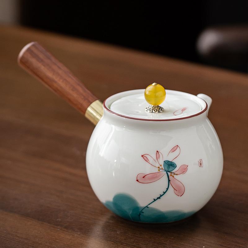 Hand-painted Mutton Fat Jade White Porcelain Teapot Single Pot Hand with Handle Side Handle Teapot Xishi Pot Kung Fu Tea Set Tea