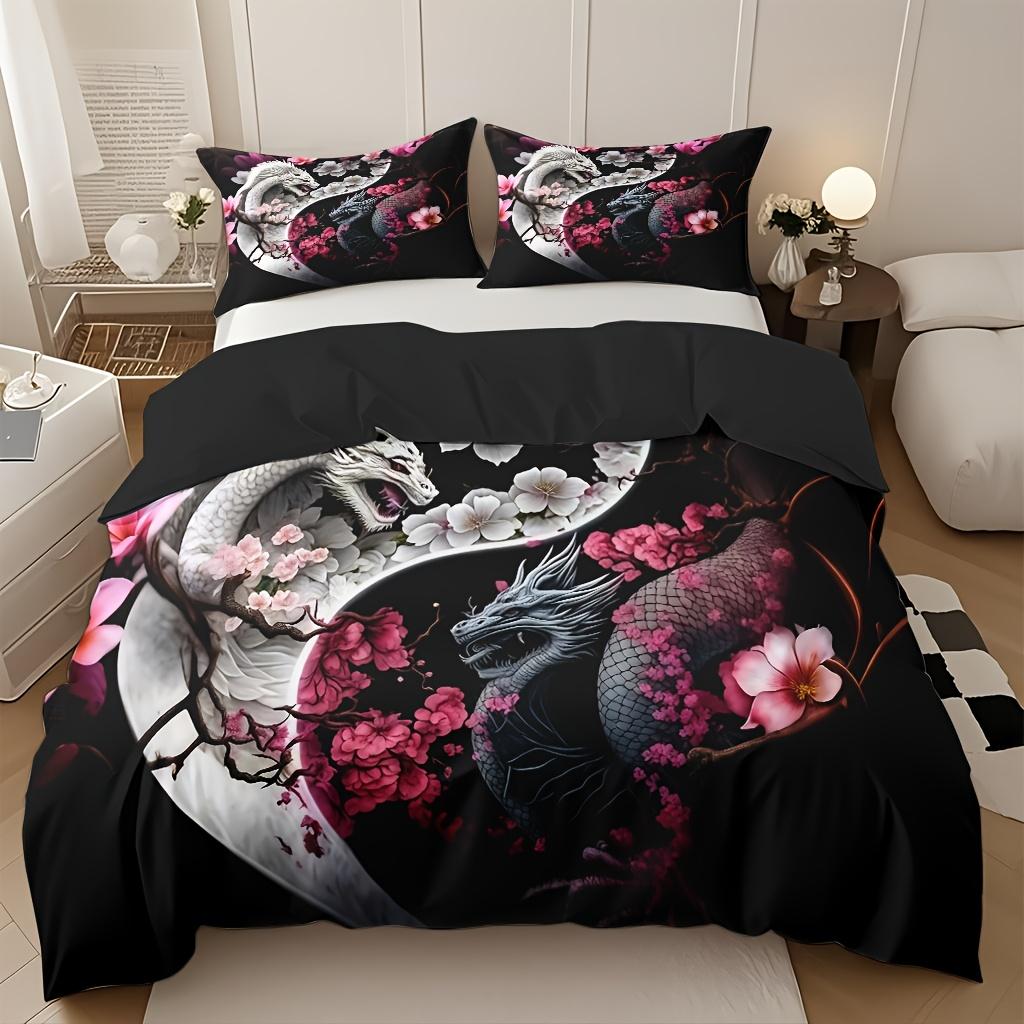 Dragon And Cherry Blossom Duvet Cover Set - Soft High-Definition Digital Print, Black with Pink Blossoms, Soft Breathable