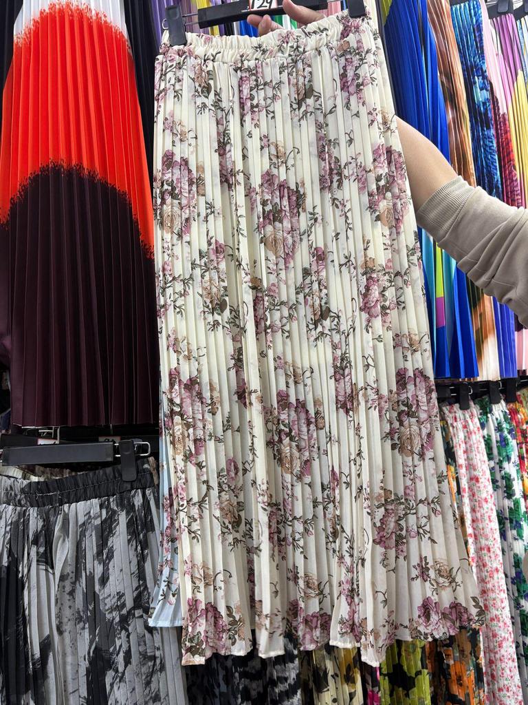 European & American Pleated Print Midi Skirt, Soft Chiffon Fabric, High Waist, Versatile Style