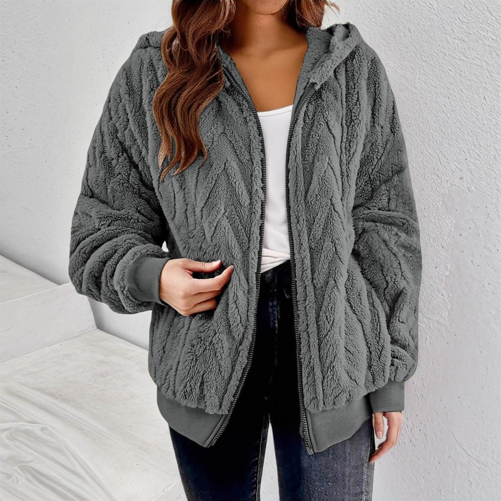 Fleece Jacket Women With Hood Fuzzy Zip Up Hoodie Oversized Soft Warm Knit Pullover Sweatshirt