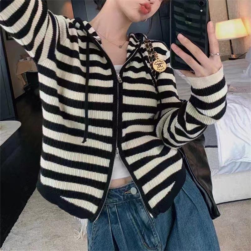 

Весенний вязаный кардиган с капюшоном на двойной молнии, вязаная полосатая толстовка-куртка для женщин 3XL