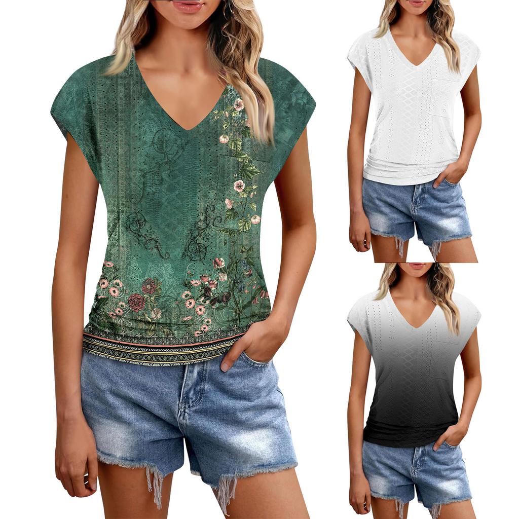 Womens Summer Tops Casual Ruffle Short Sleeve Crewneck Loose Pleated T Shirts