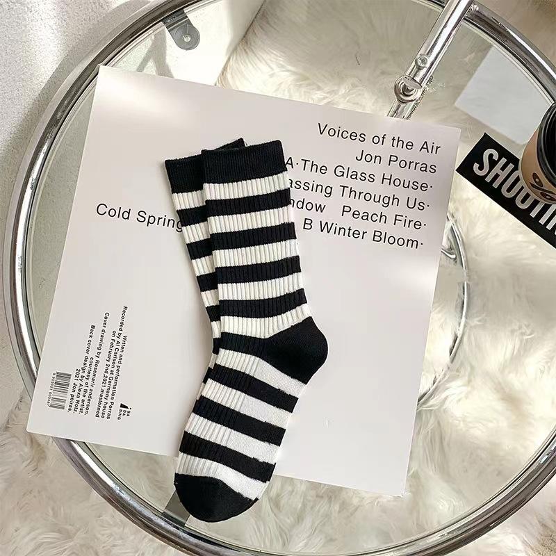 5 Pairs of Female Spring and Summer New Embroidery Stripe Simple and Breathable In The Tube Pile Socks