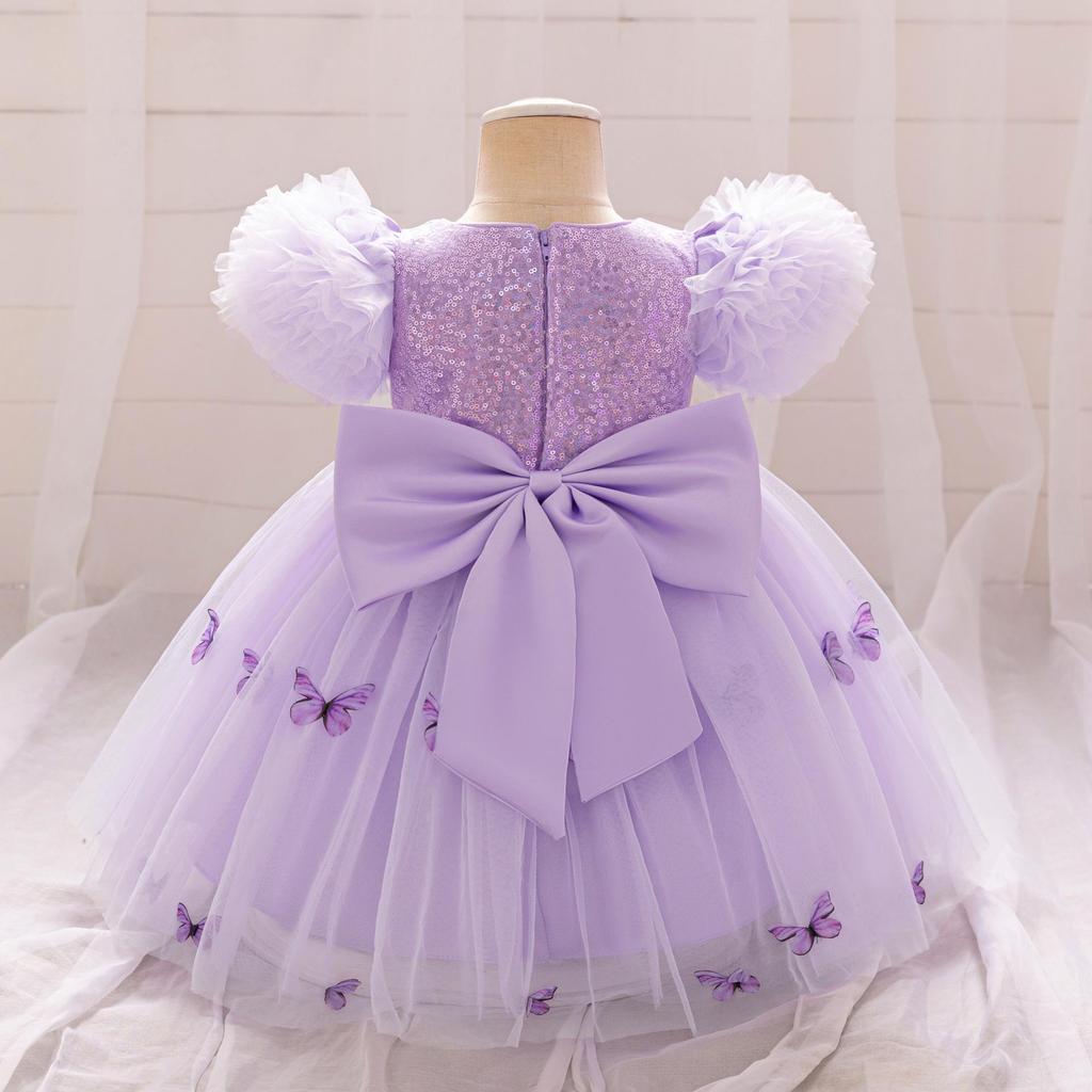 Purple Mesh Butterfly Princess Dress with Puffy Bubble Sleeves for Girls