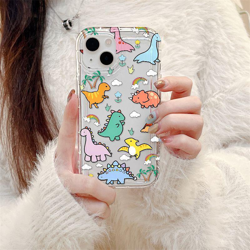 Cartoon Dinosaur Airbag Case for iPhone 7/8, 11, 12, 15 Pro Max, 16 Simple and 16 Pro Large Hole