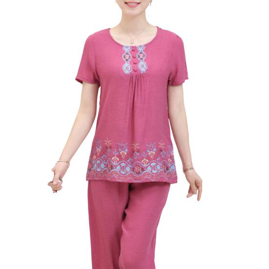 2 Pcs/Set Women T-shirt Pants Set Flower Print Round Neck Short Sleeves Elastic Waist Wide Leg Sleeping Loose Button Decor Plus Size Mom Nighty