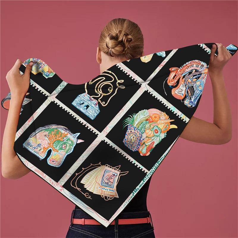 POBING Silk Scarf Women Horse Head Triangle Scarves Head Echarpes Silk Foulards Femme Wraps Beach Shawls Bandana Lady Hijab
