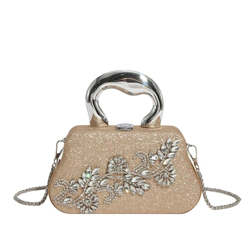 Boutique De FGG Women Gold Crystal Clutch Evening Handbags and Purses Bridal Wedding Satin Clutch Bags with Handle
