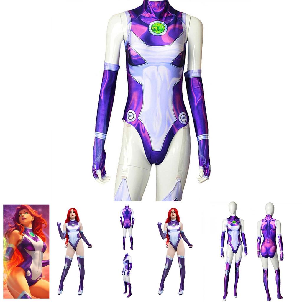 Tuta Cosplay di Starfire dei Teen Titans Costume di Halloween per Adulti Bambini Stampa 3D Tessuto Elastico Traspirante