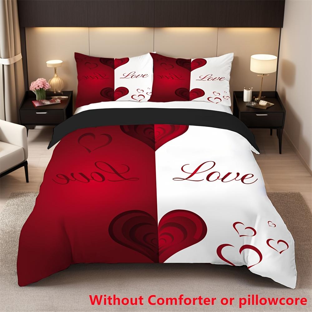 

2/3pcs Red and White Heart Print Duvet Cover Set (1 Duvet Cover + 1/2 Pillowcase, Without Core), Couple Valentine S Day Romantic (135x200cm)