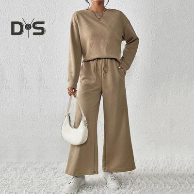 2 Pcs/Set Women Top Pants Suit O Neck Long Sleeves Solid Color Sport Sweatshirt Drawstring Elastic Waist Wide Leg Trousers Fitness Outfit Fall Spring