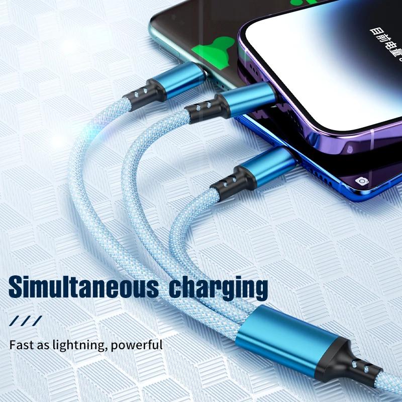100W 3-in-1 Charging Data Cable Type-C Micro USB Dual Port Cord Fast Charge for USB Powered Devices Durable Sync Charger Line