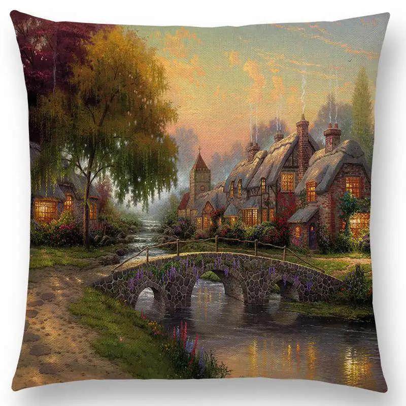 Huisdecoratie Rustiek Olieverf Kussenhoes Prachtig Landschap Kasteel Vuurtoren Bankkussen Slaapkamer