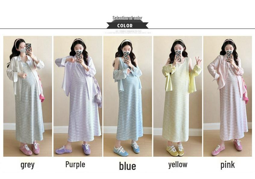 2026 Colorful Tie-Dye Vest Dress + Sun Protection Shirt for Pregnant Women, Slimming & Loose Ice-Cool Maternity Set
