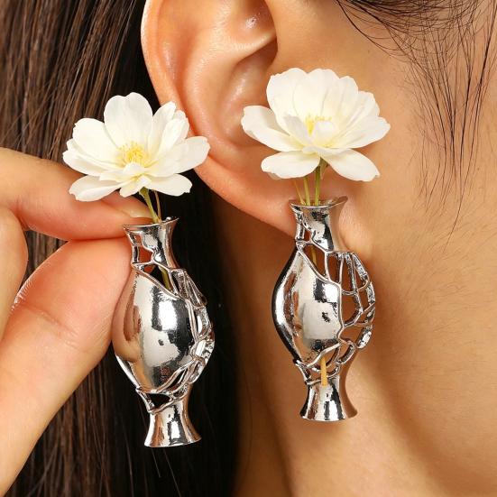Unique Gift for Her 1 Pair Flower Vase Earrings Women, Retro Metal Hollow Shape DIY Dried Jewelry Earrings, Bouquets Floral Holder Wedding Prom