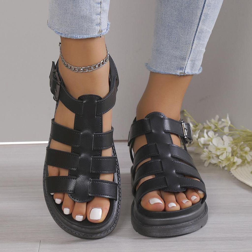 Flat-bottomed Roman Muffin Sandals Women's New Large-size Sandals Women's Summer One-word Woven Straps Retro Sandals Women