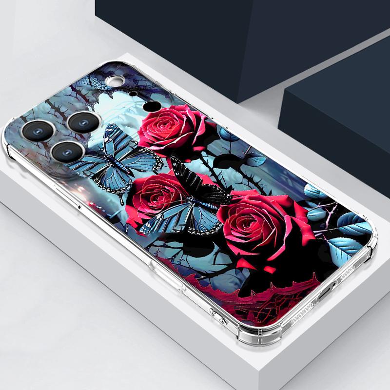 Scarlet Red Rose Flower Pattern Case For iPhone 17 Pro Max Coque iPhone 16 15 14 13 Pro Max 11 Shockproof Clear Soft Silicone Cover
