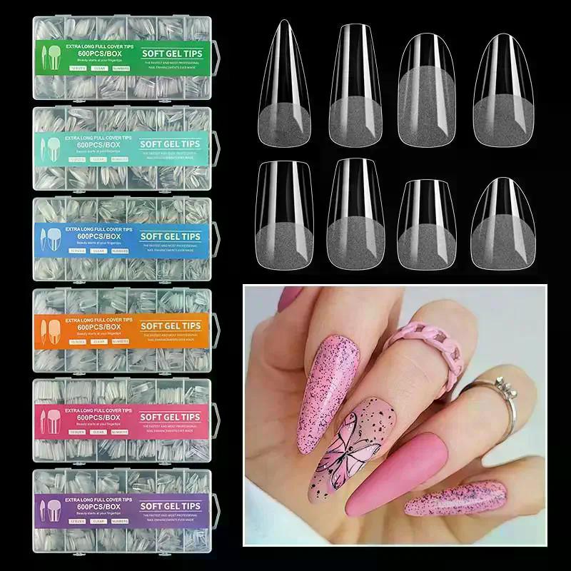 600Pcs Short Almond Nail Tips Soft Gel Nail Tips Full Cover False Nail Tips For Acrylic Nails Manicure Salon Home Press On Nails