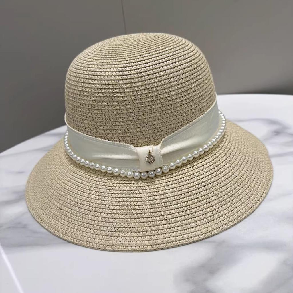 Straw Hat Ins Pearl M Letter Bucket Fisherman Hat Children Spring and Summer Fashion Versatile Basin Hat