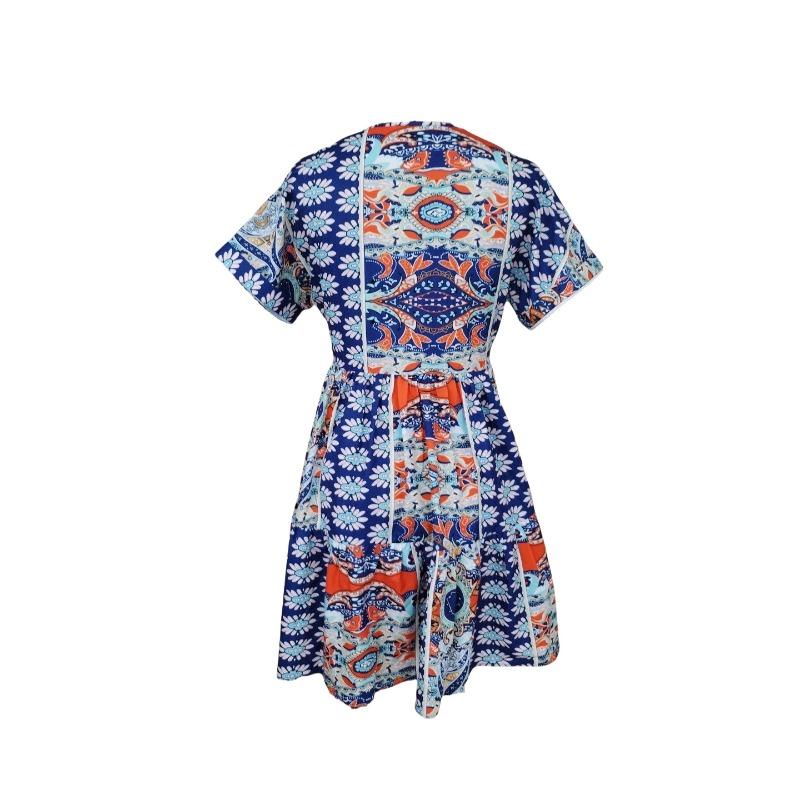 Women's Vintage Floral Print V-neck High-waisted Batsleeve Holiday Dress
