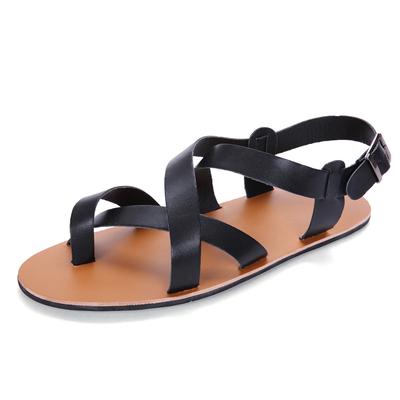 Novas sandálias masculinas de verão, de couro, vintage, salto baixo, fivela sólida, sandálias gladiadoras de praia, sapatos respiráveis, chinelos masculinos, sandálias