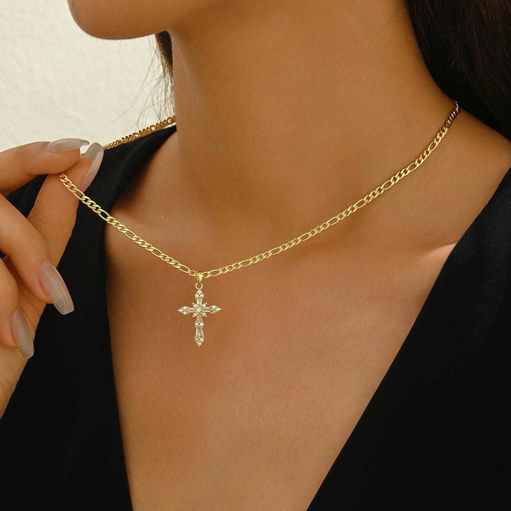 Hot Sale Women's Cross Necklace Geometric Diamond Set Design High Sense Clavicle Chain Women