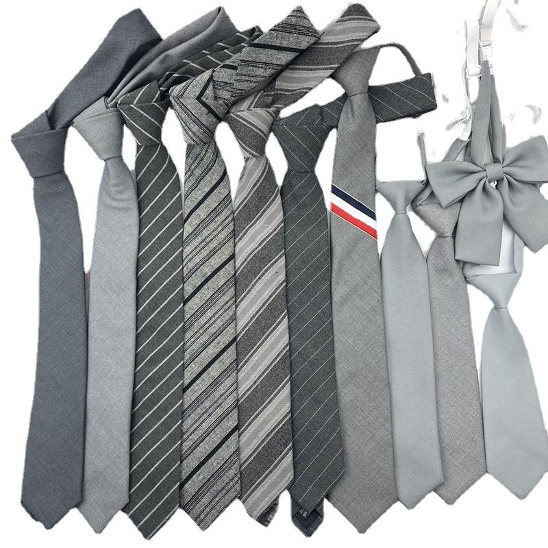 Women's Gray Bow Tie Uniform with Striped Skirt and Bowknot Collar.
