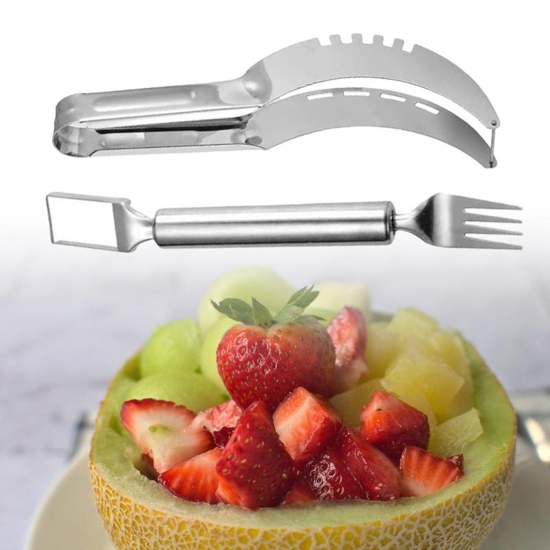 Set di 3 Utensili Professionali in Acciaio per Tagliare la Frutta Include Affettatori per Cubetti di Anguria e Cucchiaio-Forchetta per Palline di Melone