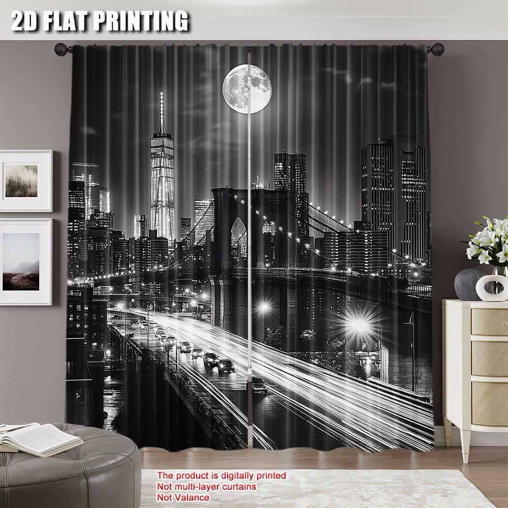 Black White Cursor New York City Night Scene Urban Life Brooklyn Manhattan Suitable Bedroom Living Room Dining Curtains Set Of 2 Made Polyester