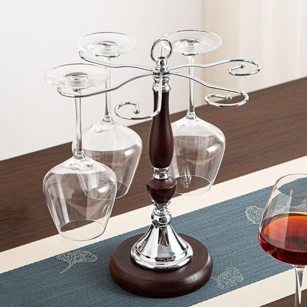 Freestanding 6 Bottles Wine Glass Rack Wooden High-Stem Glass Holder Bar Accessory
