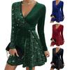 Fall Spring Women Dress V Neck Lace-up Tight Waist Sequin Decor A-line Big Hem Long Sleeves Prom Party Mini Dress