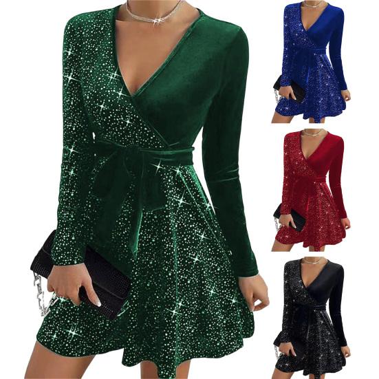Fall Spring Women Dress V Neck Lace-up Tight Waist Sequin Decor A-line Big Hem Long Sleeves Prom Party Mini Dress