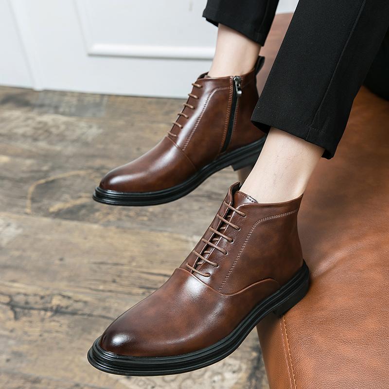 Leather Boots Men Zip Lace-up High Top British Versatile Men Fashion Business Dress Social Boots Mens Platform Casual Men Boots