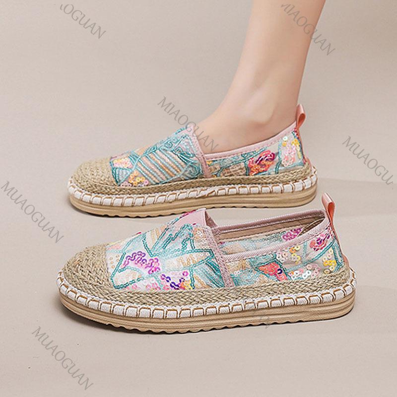 Fashion Lace Breathable Fashion Flats for Women Casual Slip On Spring Summer New Weaving Sequins Loafers Mixed Color Flat Single Shoes