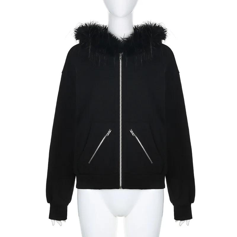 Goth Dark Faux Fur Collar Hooded Cardigans, Zip Up Hoodies, Gothic Grunge Pockets, Black Jackets, Female Y2k Streetwear