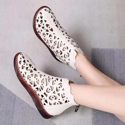 Women's Shoes Hollow Out Female Ladies Mother Woman Flats Shoes Loafers Fretwork Leather Zipper Summer Round Toe Size 35-42