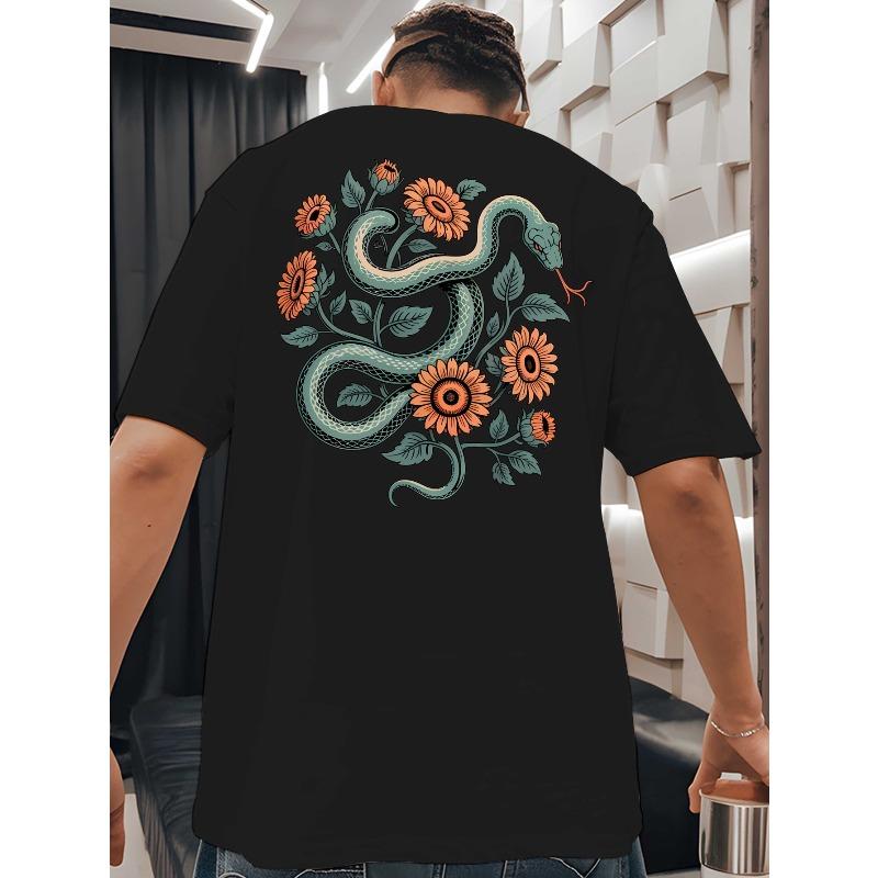 

Men s Green Snake & Chinese Zodiac T-Shirt - Traditional Asian-Inspired Back Print with Snake, Clouds & Lanterns, Loose Fit Round Neck Gym 2XL