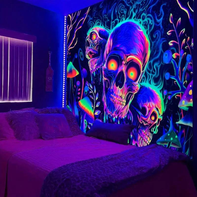 Skull Flower Uv Fluorescent Tapestry Needs Uv Illumination Aesthetic Decorative Wall Hanging For Bedroom