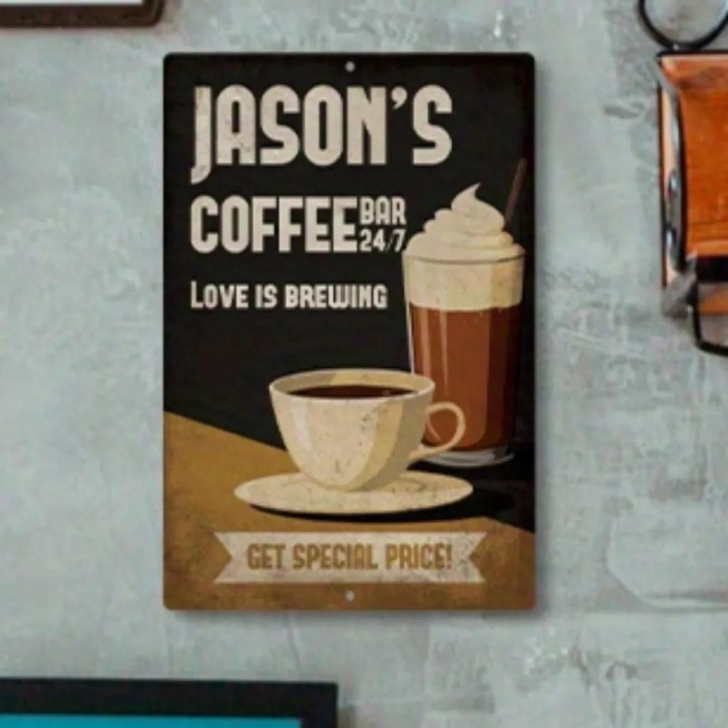 Personalized Custom Coffee Bar Aluminum Sign - Customizable Vintage Plaque, Home Kitchen Cafe Retro Wall Decor