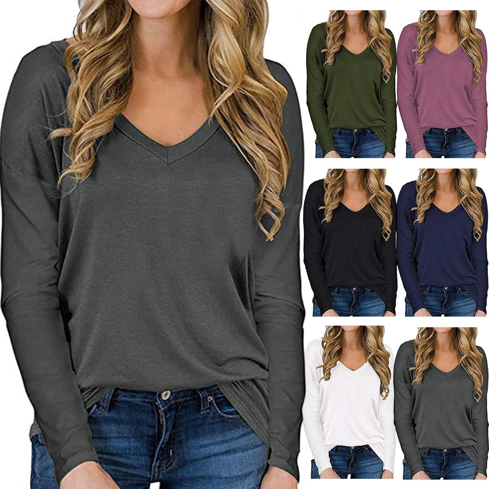 

Women s Casual Fashion Loose Print V-neck Long-Sleeved T-shirt Women