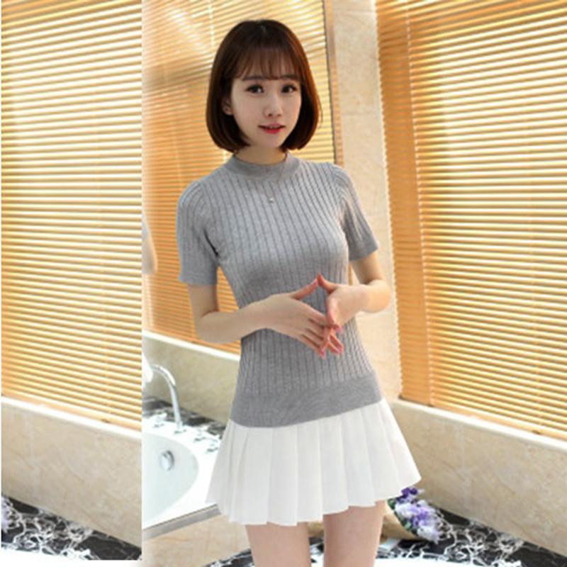 

Женский повседневный летний вязаный тонкий свитер из ледяного шелка, рубашка с круглым вырезом, полуводолазка с коротким рукавом, тонкая верхняя одежда, сплошной цвет One Size серый