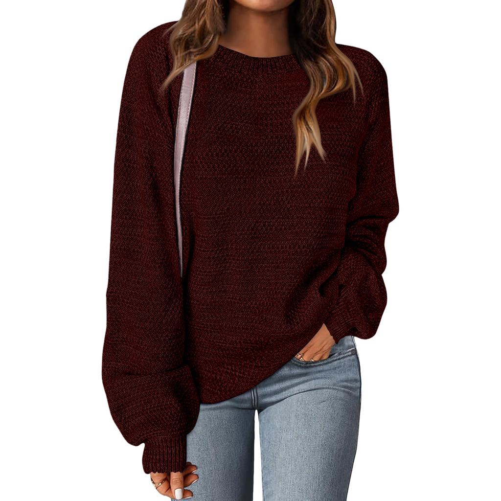 Women's Fashion Round Neck Pullover Sweater Casual Versatile Solid Color Knit Top