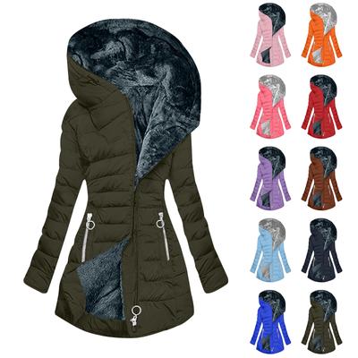 Warme Baumwolljacke für Damen mit Kapuze und Taschen, lange Reißverschlussjacke, Baumwolljacke