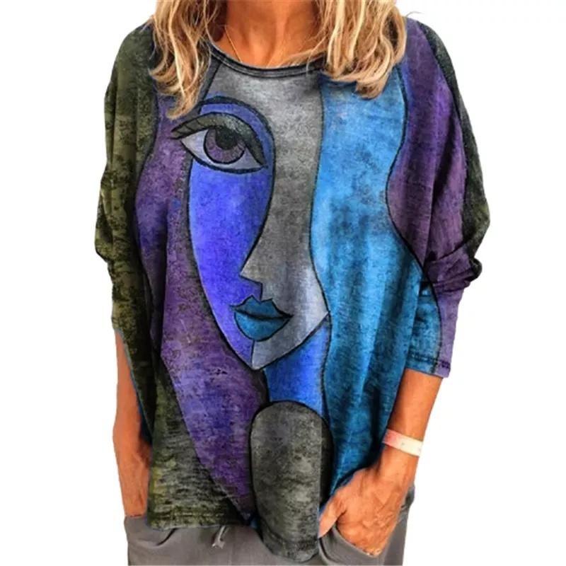 Abstract Art Pattern Print Women's T-Shirt Long Sleeve Autumn O Neck Lady Clothes Tops Oversized Harajuku Streetwear Female Tees