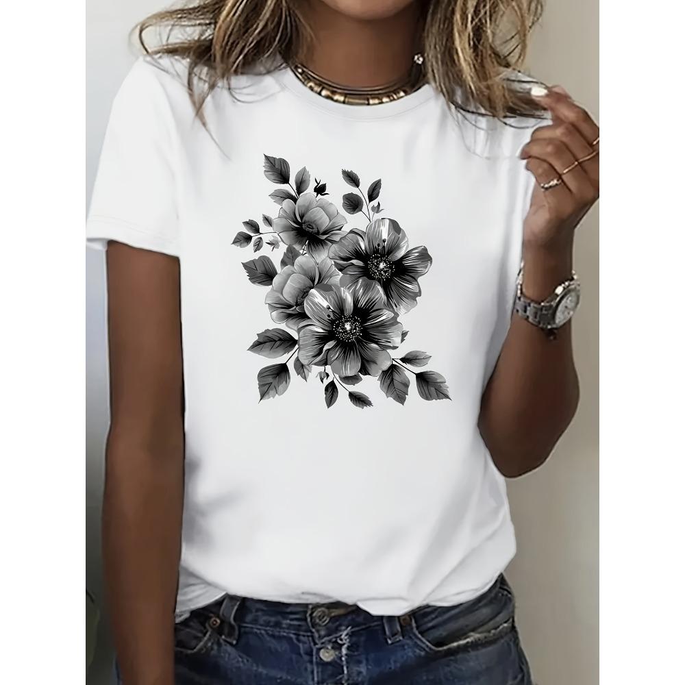 

Floral Print Crew Neck T-shirt Casual Short Sleeve Top Spring Summer Clothing Women T Shirt Harajuku Sleeve Clothes 3XL