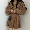 Corduroy Sashes Dresses Women Korean Preppy Puff Sleeves Casual A Line Mini Dress Harajuku Elegant All Match Solid Dress