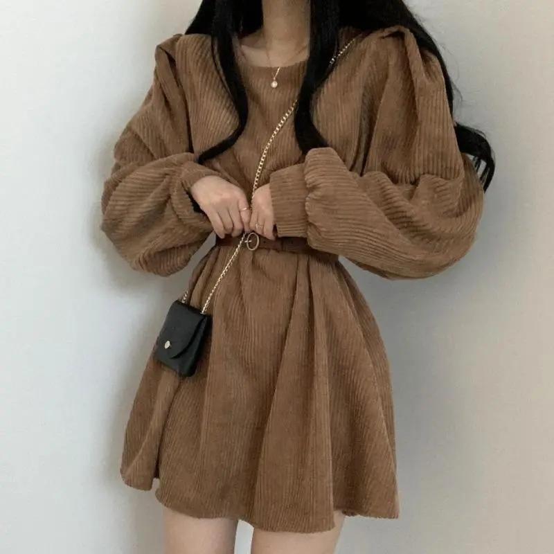 Corduroy Sashes Dresses Women Korean Preppy Puff Sleeves Casual A Line Mini Dress Harajuku Elegant All Match Solid Dress