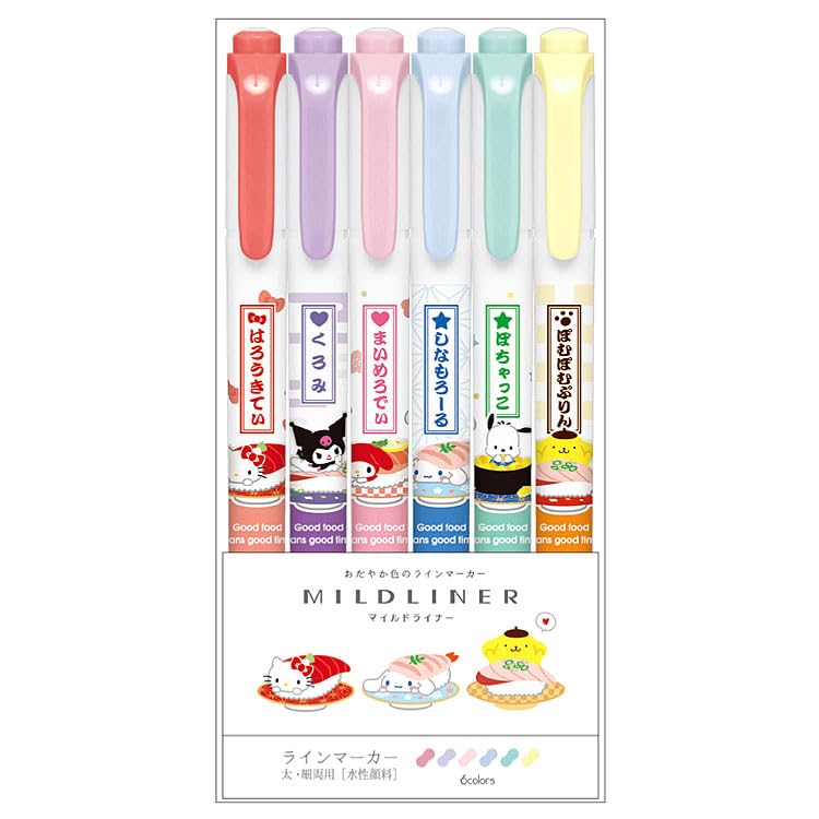 Kamio Japan Sanrio Characters Mildliner Set 043359 Sanrio Characters Item Collection Sushi SANRIO Kitty My Melody Kuromi Cinnamoroll Pochacco Pudding